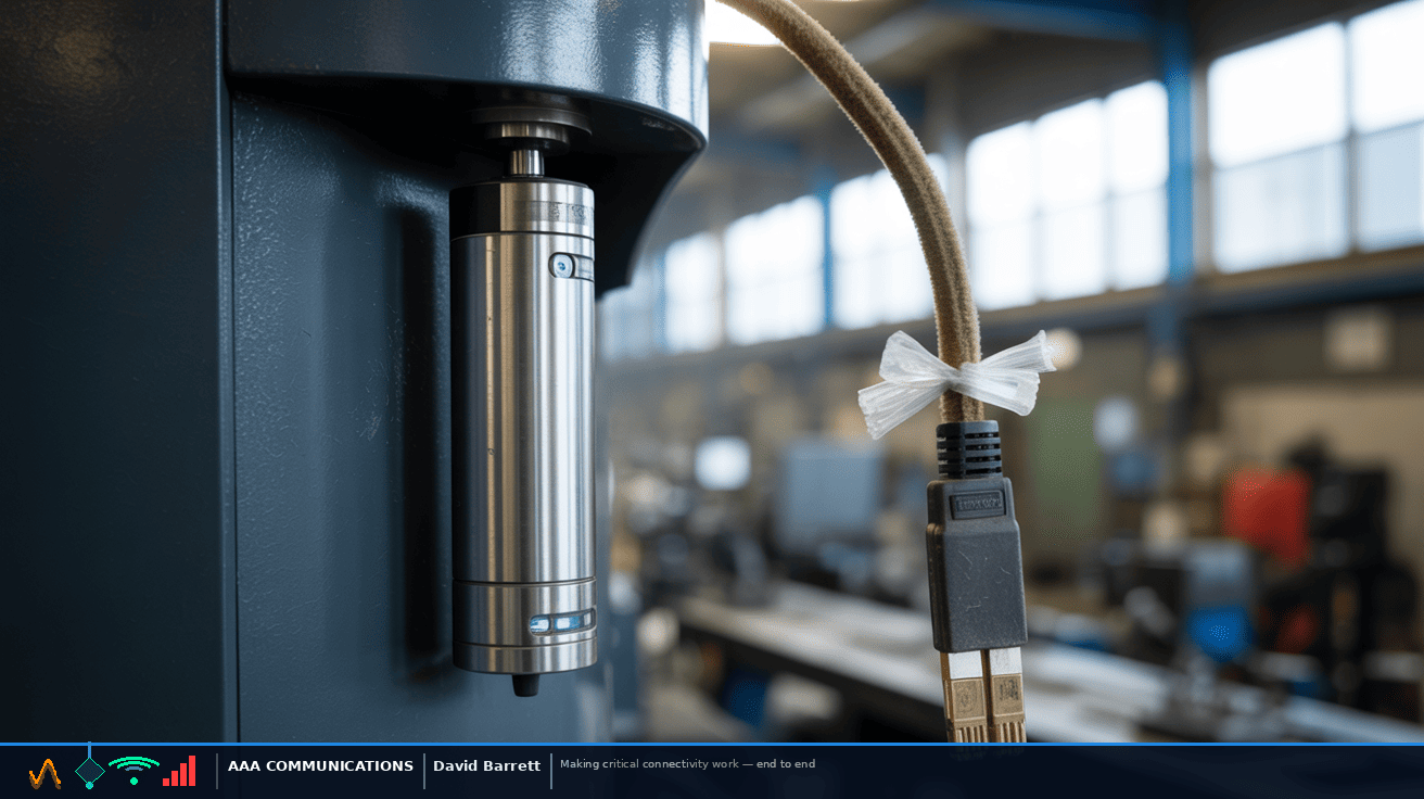 Modern IoT vibration sensor connected via aged legacy Cat5 cable on a manufacturing production line