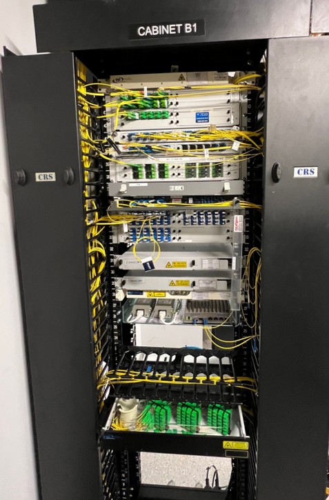 Cabinet B1 — Sydney data centre, high-density MTP/MPO fibre patching, OS2 yellow fibre
