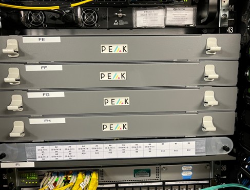 Peak fibre FOBOT enclosures FE FF FG FH — labelled and racked, Sydney data centre